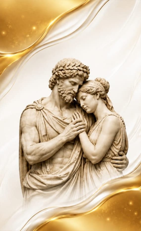 Classical marble statues embracing