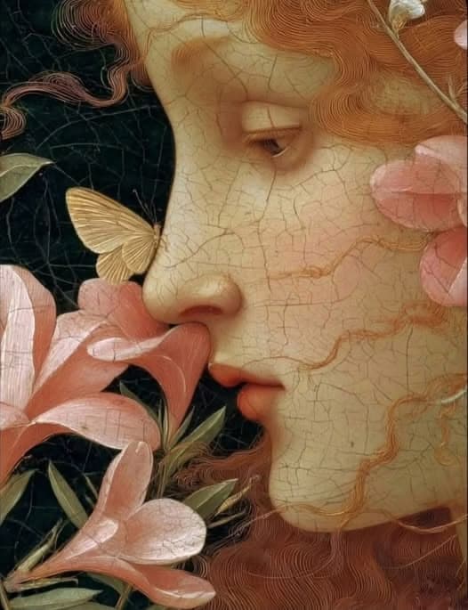 Classical painting of a face with flowers and a butterfly