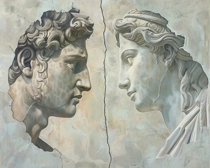Two classical marble busts facing one another