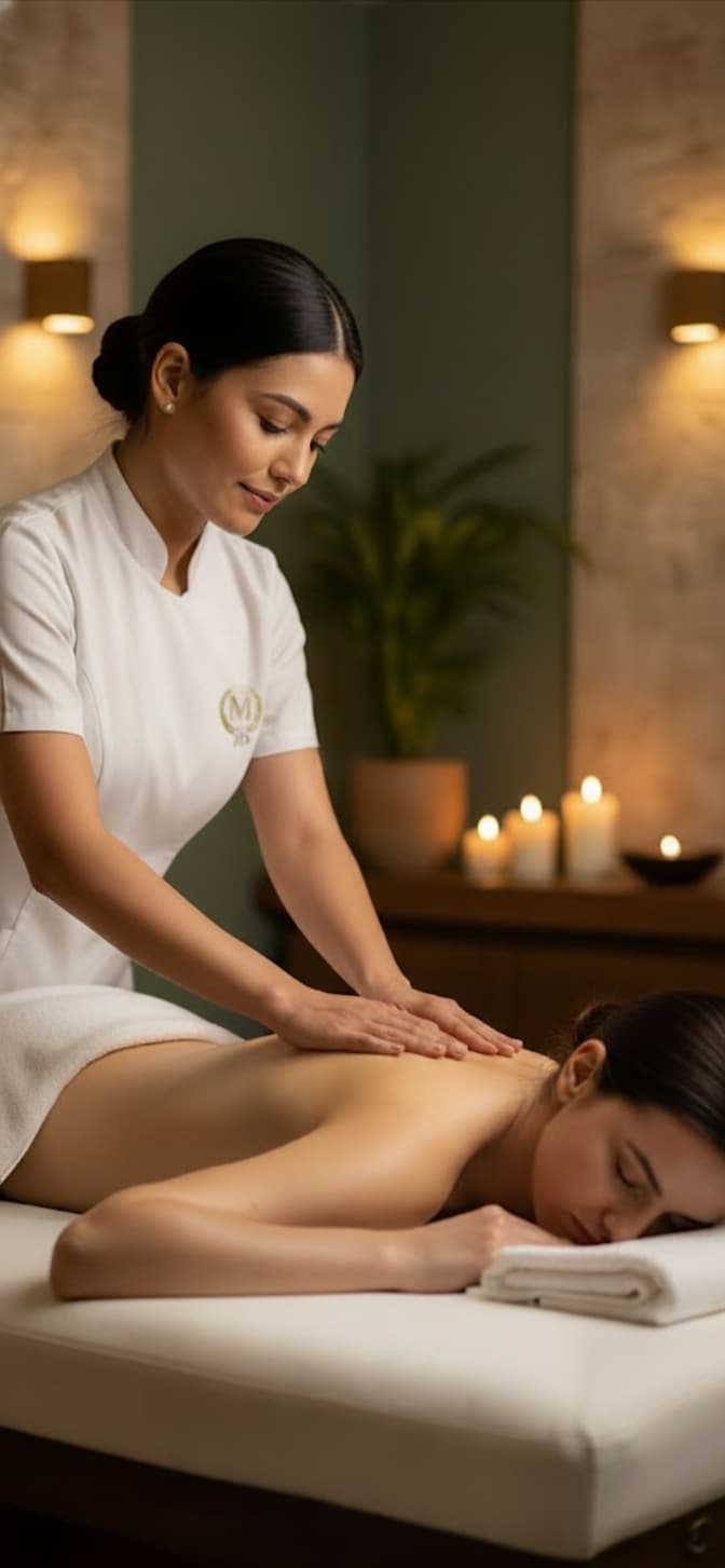 Therapist performing a back massage by candlelight at MSpa