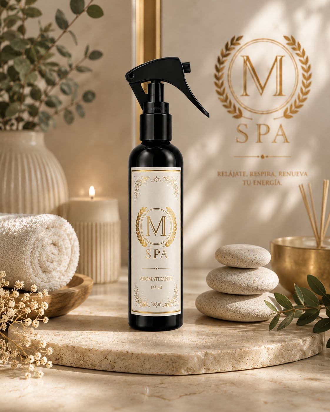 MSpa massage oil bottle beside candles, warm stones and eucalyptus